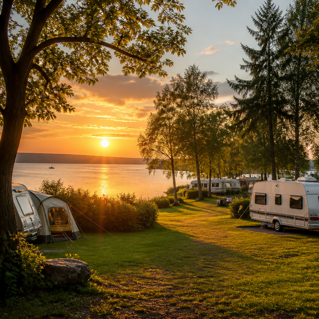 Ruhiger Campingplatz Brändle-Köhne am Bodensee mit Wohnwagen im Grünen bei Abendlicht