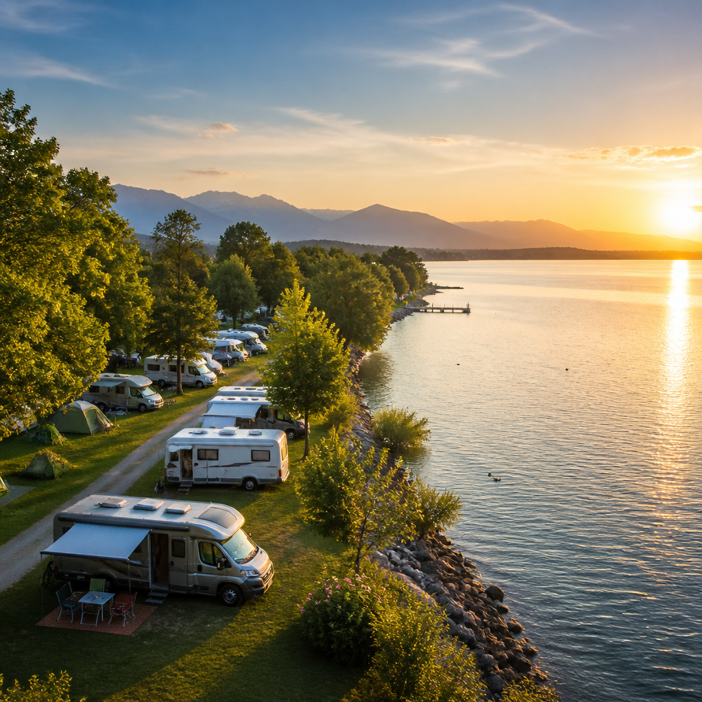 Idyllischer Campingplatz nahe Nonnenhorn am Bodensee bei Sonnenuntergang mit Blick auf das Ufer