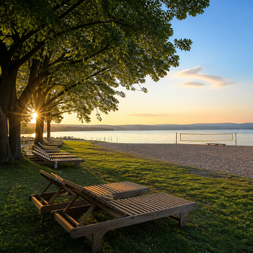 Strandbad Hagnau am Bodensee: Liegewiese, Bäume und ruhiges Seeufer im Abendlicht