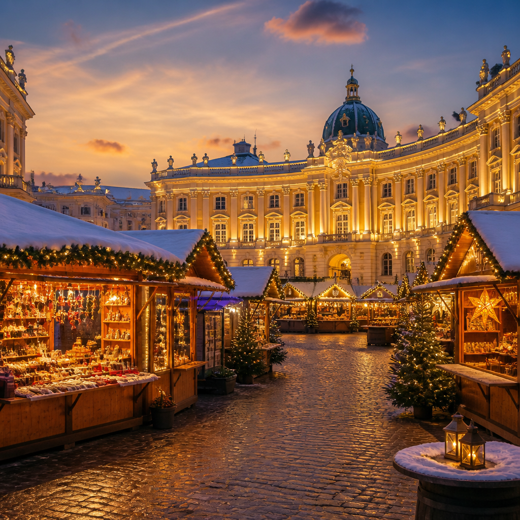 Stimmungsvoller Weihnachtsmarkt Wien mit beleuchteten Ständen vor historischer Kulisse im Winterabend