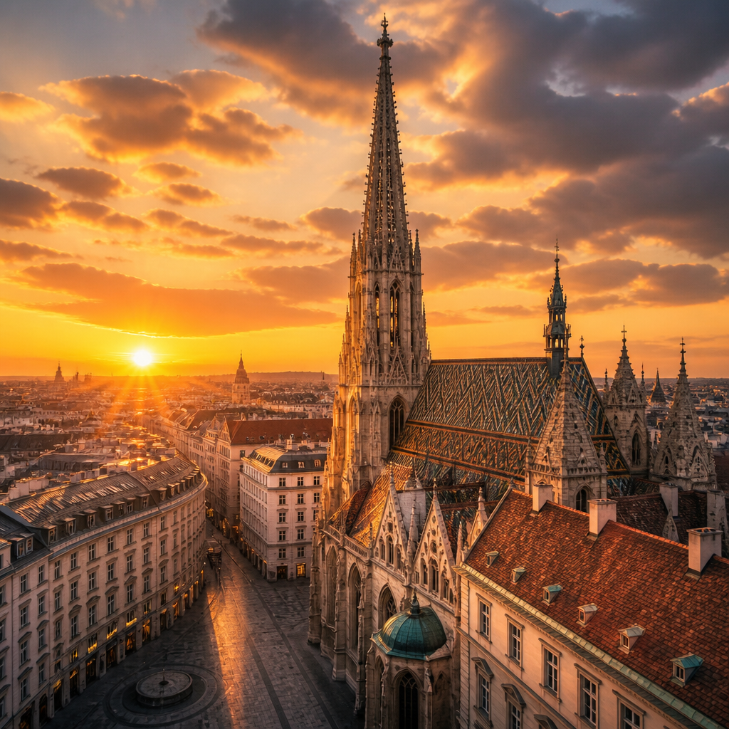 Der Stephansdom Wien als gotisches Wahrzeichen im warmen Abendlicht über dem Stephansplatz