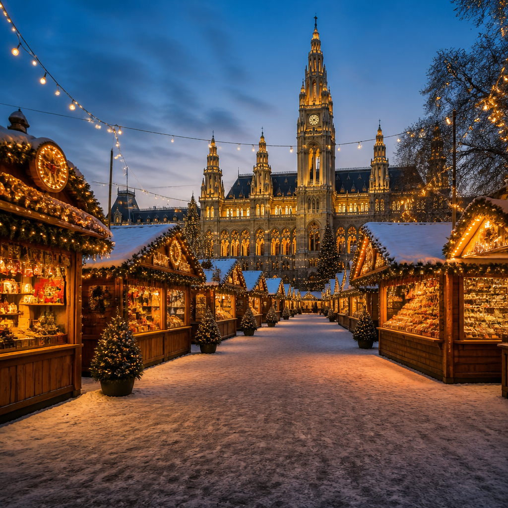 Wien Weihnachtsmarkt am Rathausplatz mit beleuchteten Ständen und winterlicher Abendstimmung