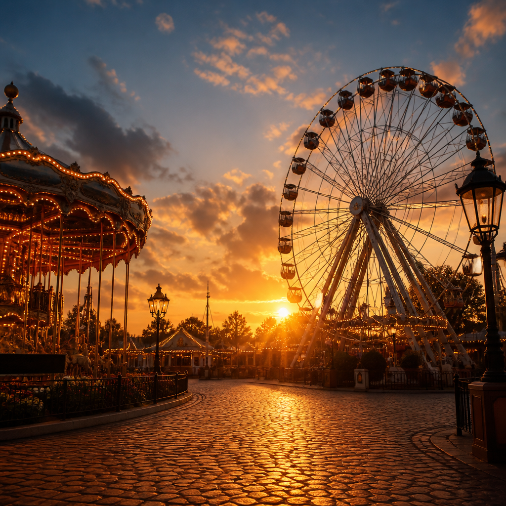 Symbolbild: Riesenrad im Prater Wien bei Sonnenuntergang mit beleuchteten Fahrgeschäften