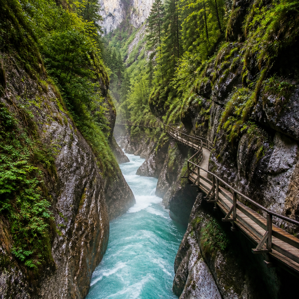 Wildromantische Schlucht der Sigmund Thun Klamm mit Holzstegen über tosendem Gletscherwasser