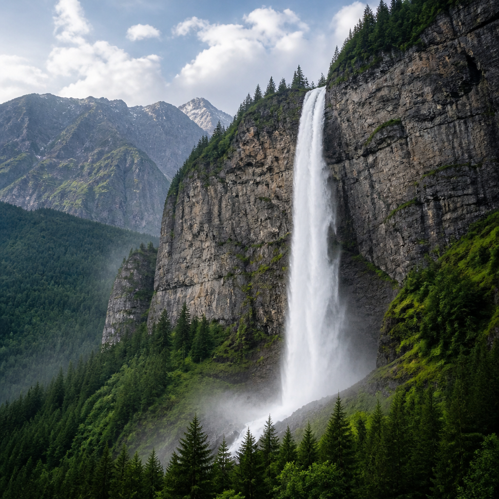 Wildensteiner Wasserfall stürzt frei über eine Felswand am Fuß der Karawanken in Südkärnten