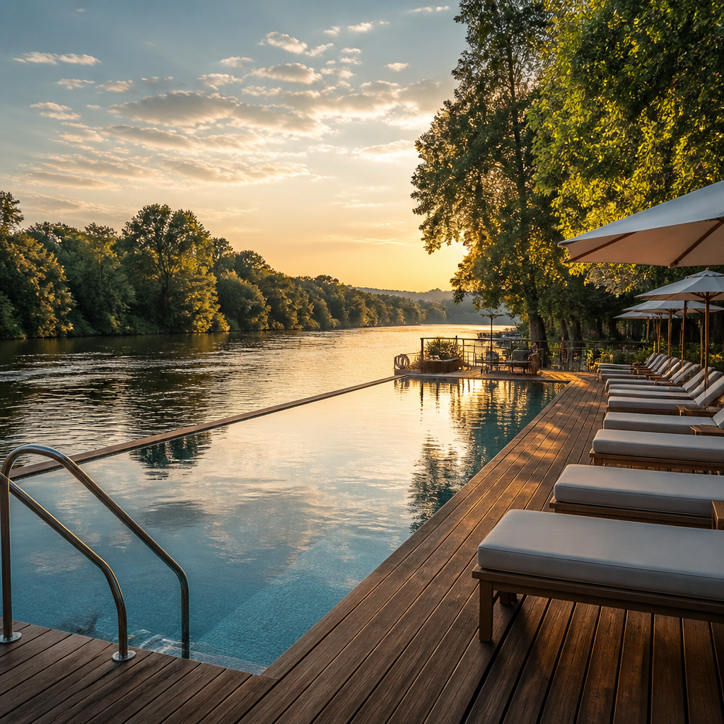 Ruhiges Flussbad mit Liegestühlen am Wasser, Symbolbild für das Strandbad Klosterneuburg