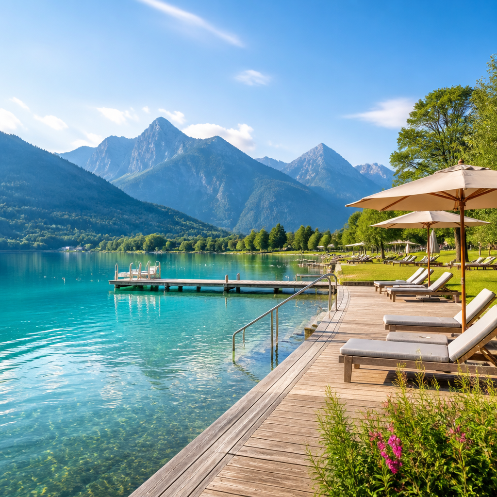 Strandbad Seewalchen am Attersee mit Liegewiese, Steg und Blick auf die Berge