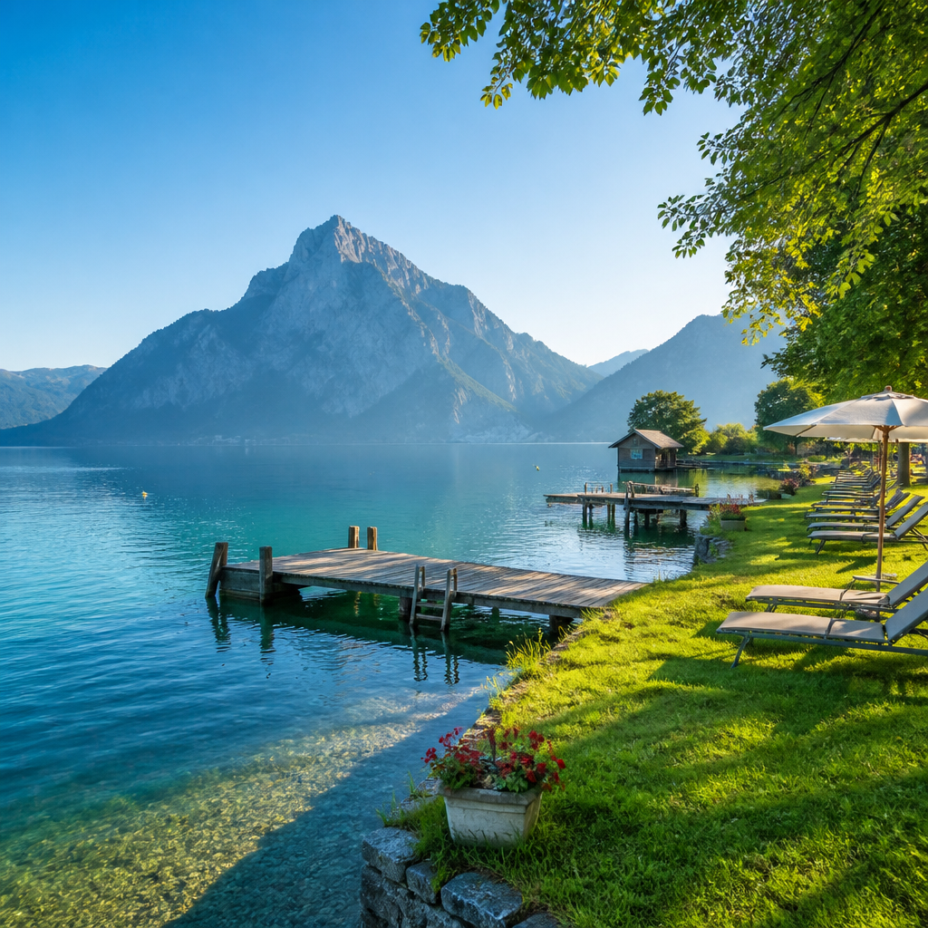 Strandbad Gmunden am Traunsee mit Blick auf den markanten Traunstein im Sommer