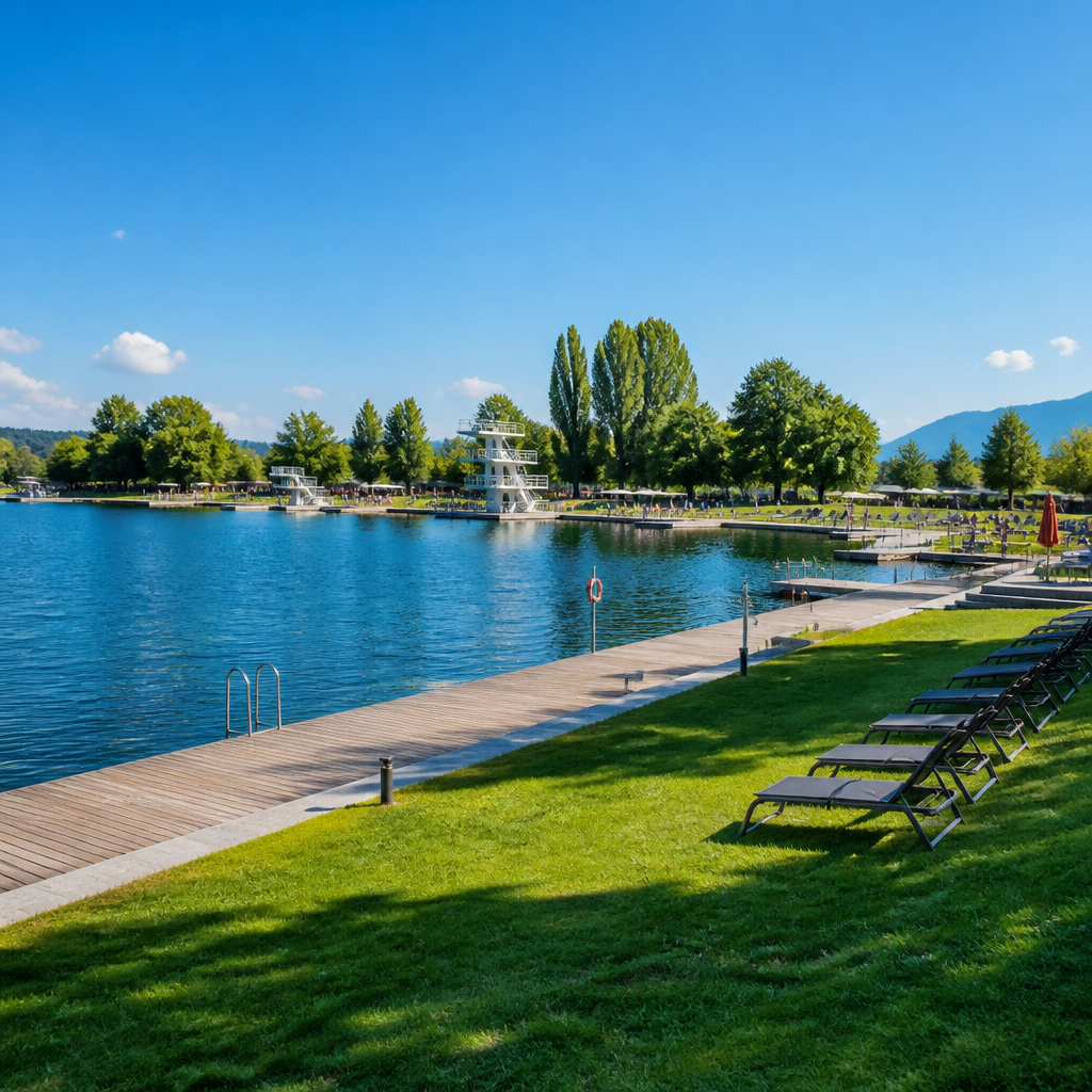 Strandbad Alte Donau an einem sonnigen Sommertag mit Liegewiese und Steg am Wasser