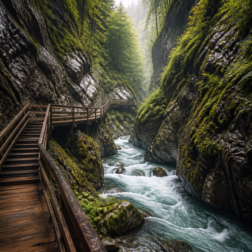 Enge Felsschlucht mit Holzstegen und Treppen entlang eines wilden Gebirgsbachs in der Dr. Vogelgesang-Klamm