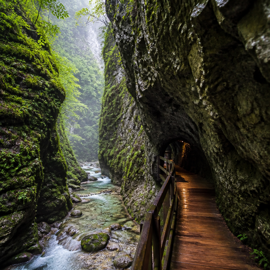 Moosbewachsene Gadauner Schlucht am Gasteiner Höhenweg mit Bach und Felswänden