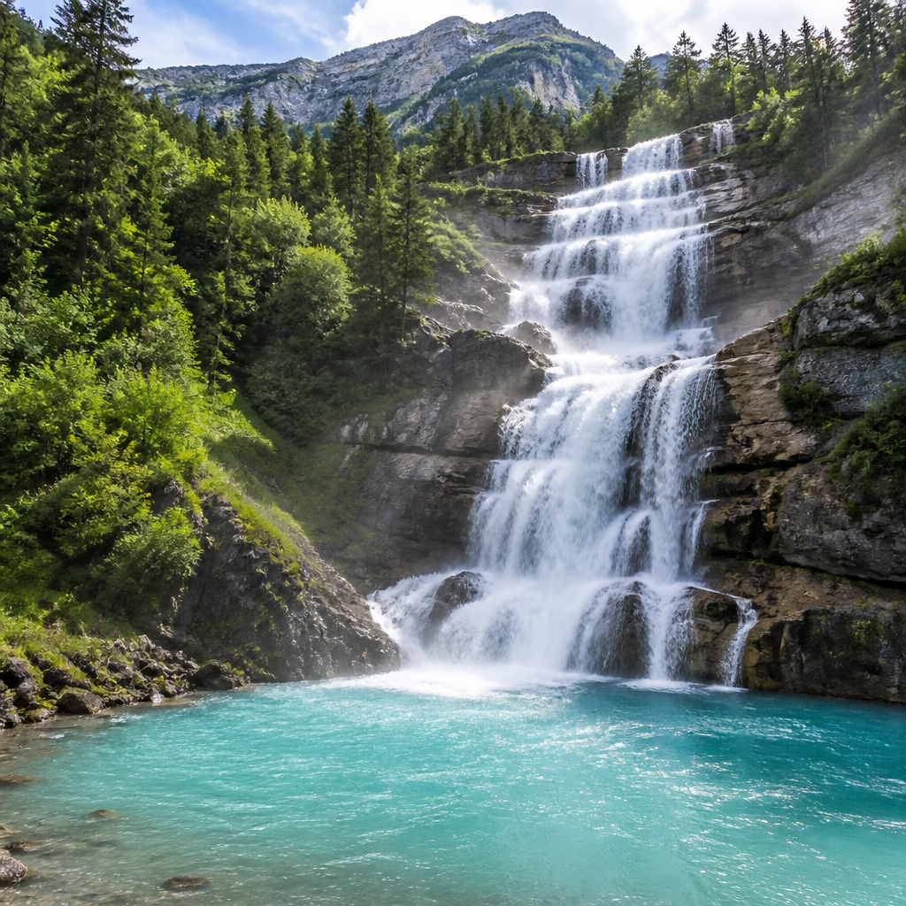 Salza Wasserfall stürzt über Felsstufen in eine türkisfarbene Gumpe im Wald