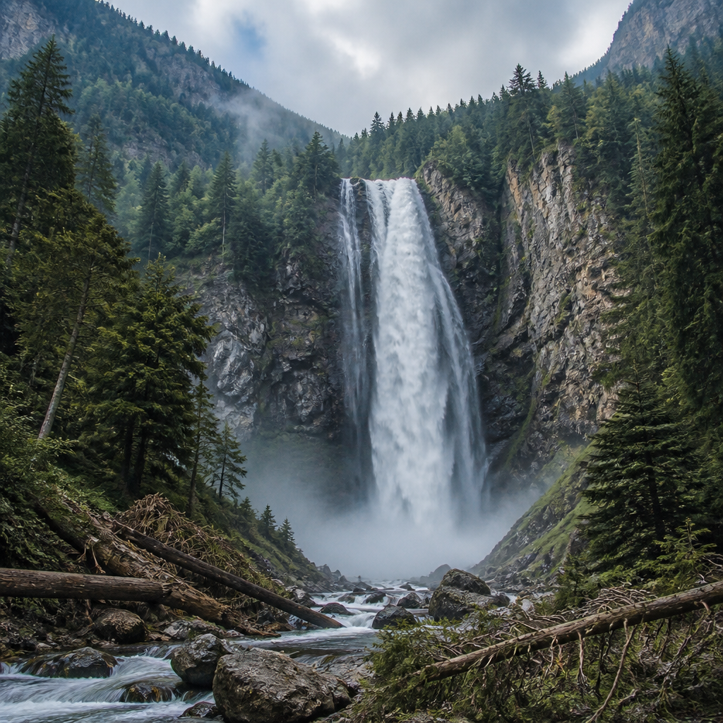 Der Günster Wasserfall stürzt über Felsen in einem bewaldeten Talkessel der Steiermark