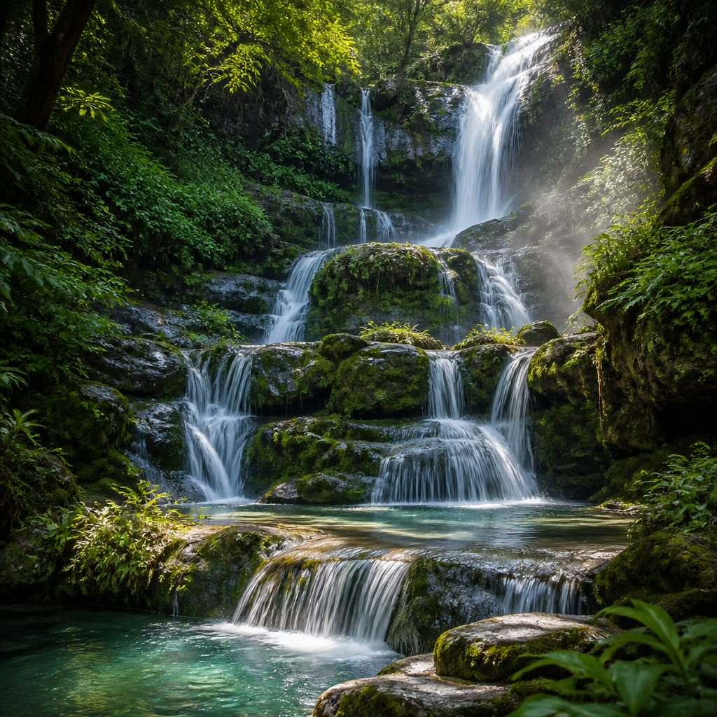 Plötz Wasserfall in Ebenau mit Felsstufen und moosbewachsenen Kaskaden im Wald