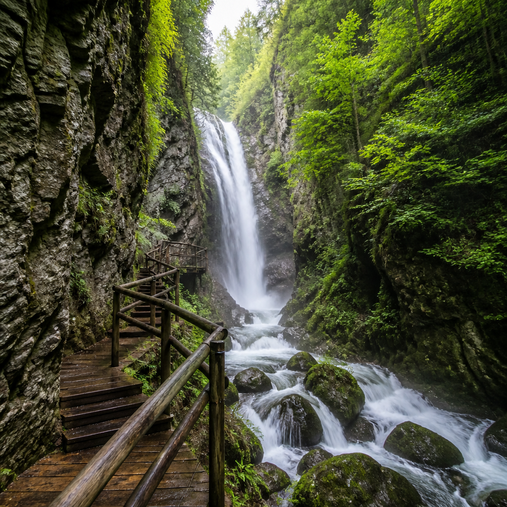 Rinnerberger Wasserfall in enger Felsschlucht mit moosbewachsenen Steinen und Wanderweg