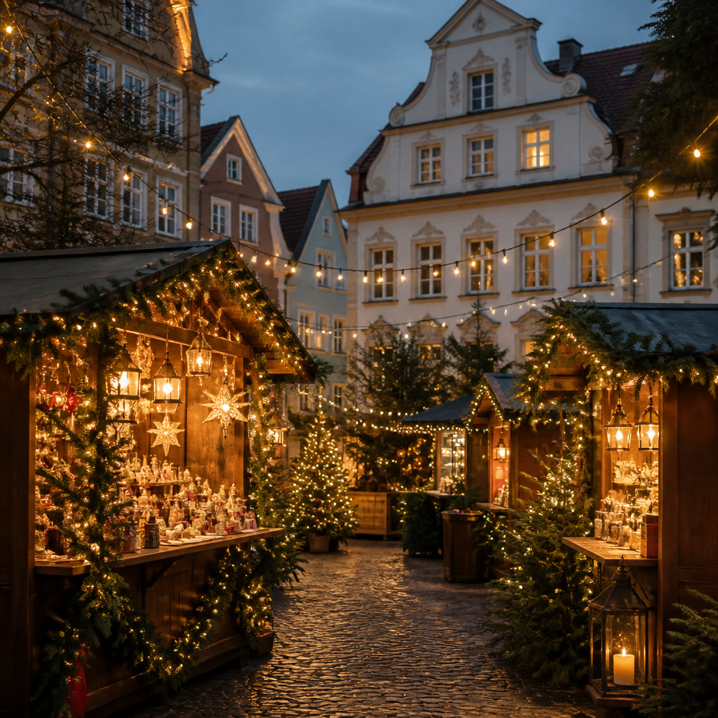 Stimmungsvoller Spittelberg Weihnachtsmarkt in engen historischen Gassen mit Lichterketten am Abend