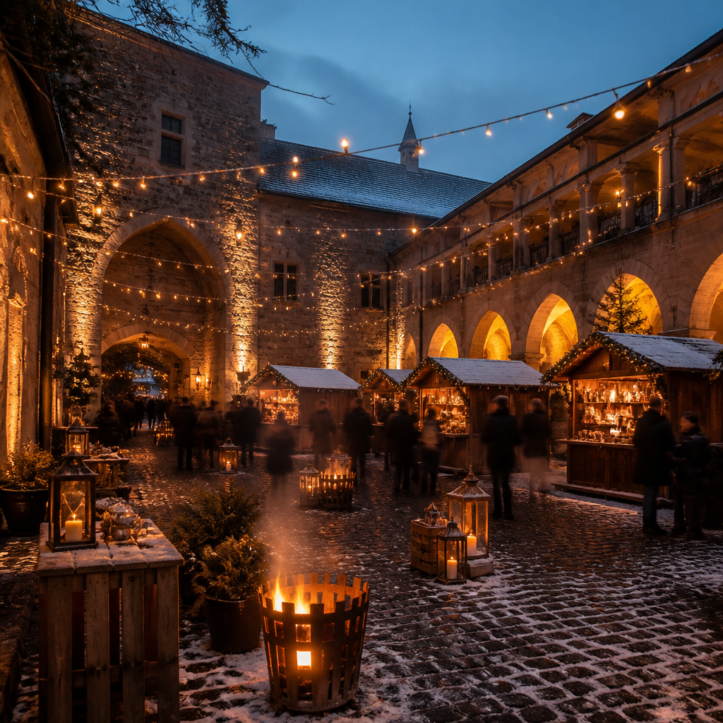 Altes AKH Weihnachtsmarkt: historischer Innenhof mit Lichterketten, Feuerstellen und Marktständen