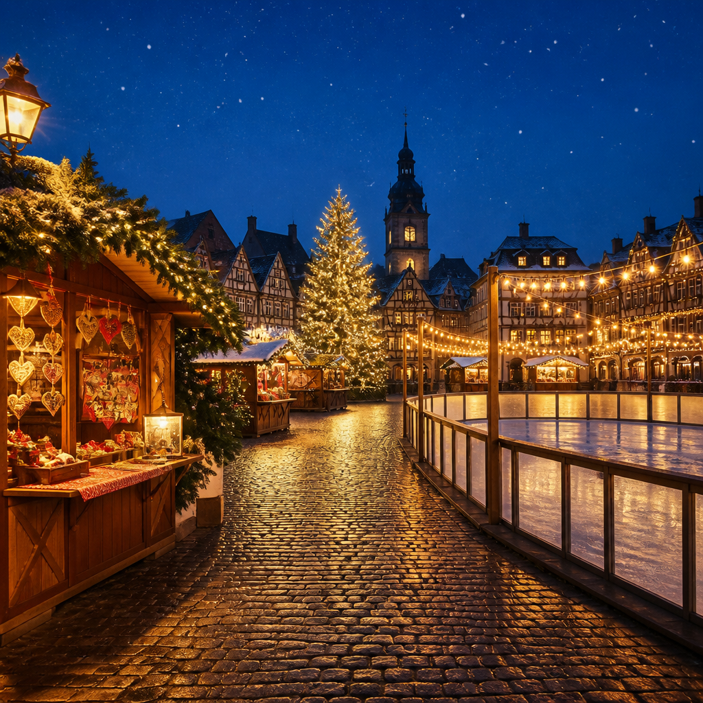 Festlich beleuchteter Weihnachtsmarkt Wels mit Marktständen und Eisfläche am Abend