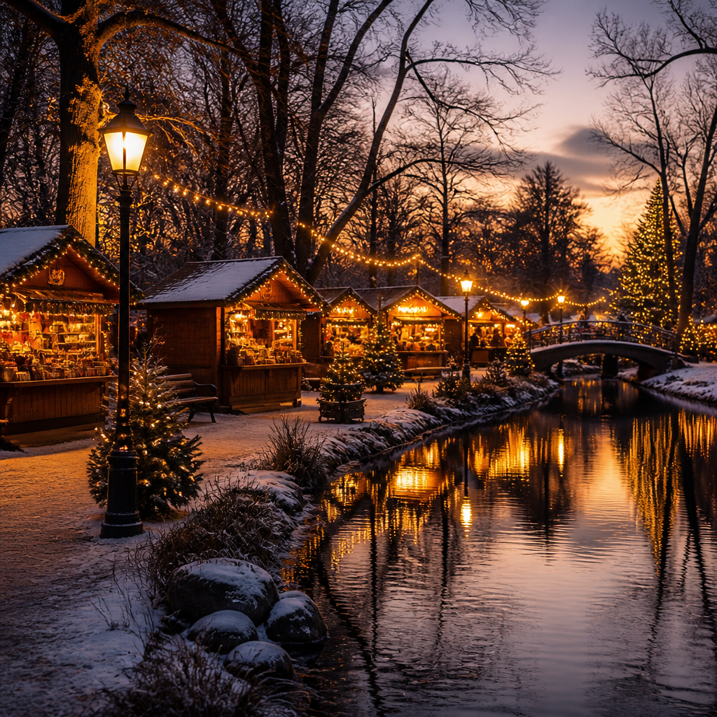 Weihnachtsmarkt Türkenschanzpark mit beleuchteten Holzständen im winterlichen Park bei Dämmerung