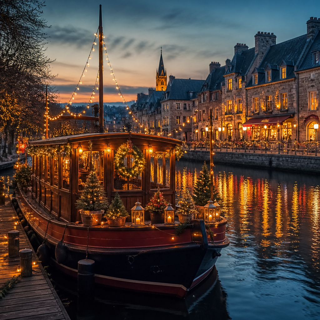 Festlich geschmücktes Adventschiff beim Dürnstein Weihnachtsmarkt an der Donau in der Wachau