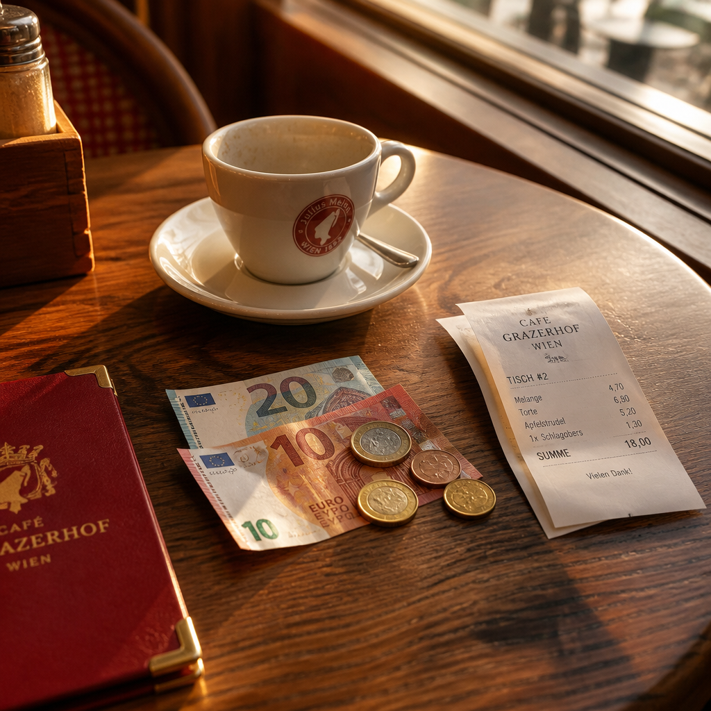 Symbolbild zu Trinkgeld Österreich: Münzen und Banknoten neben Kaffeetasse auf Holztisch
