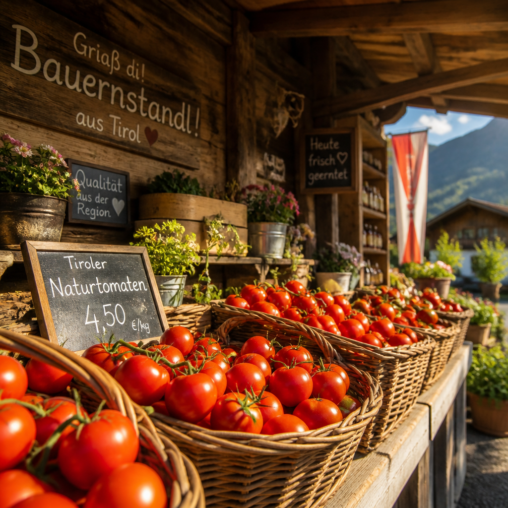 Frische rote Paradeiser in Holzkisten auf einem österreichischen Marktstand im warmen Sonnenlicht