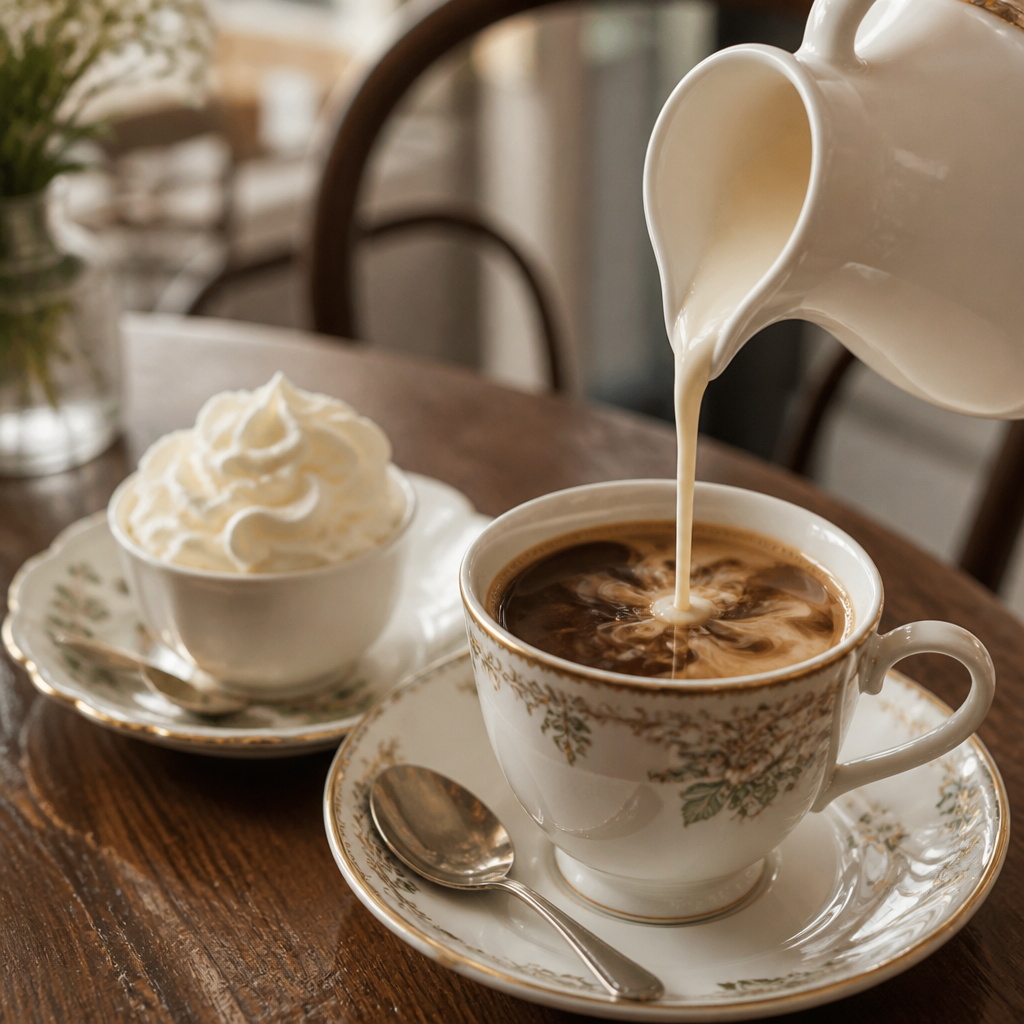 Obers wird in eine Kaffeetasse gegossen, stimmungsvolles Wiener Kaffeehausambiente